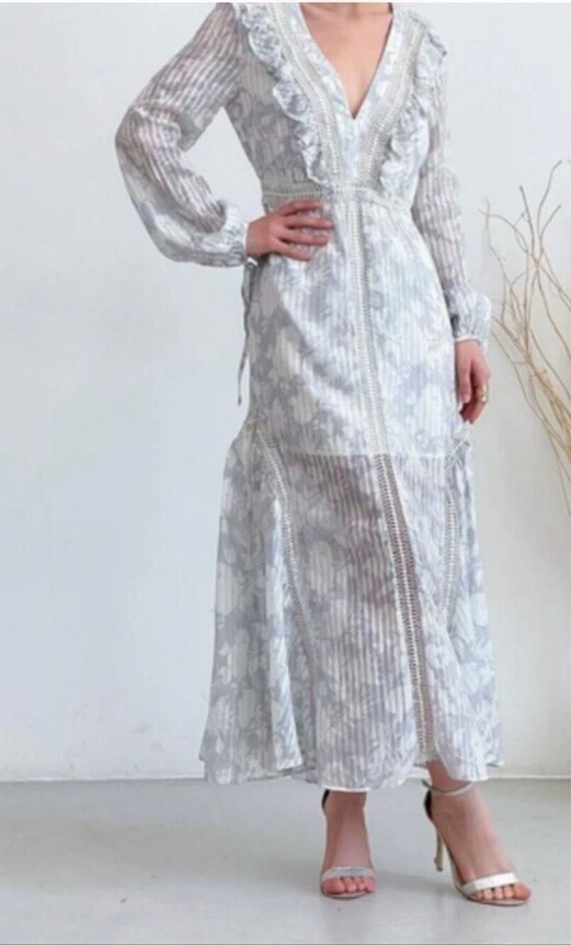 Stevie May Size S Floral Lace Trim Maxi Dress Gray White Boho Romantic